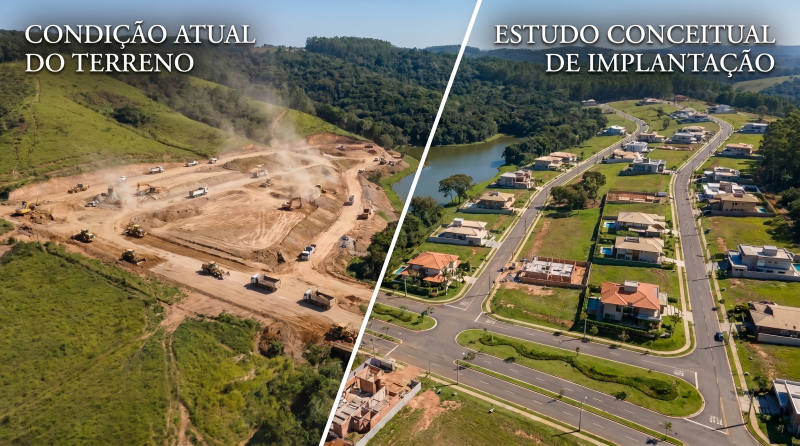 Comparação entre condição atual do terreno e estudo conceitual de implantação